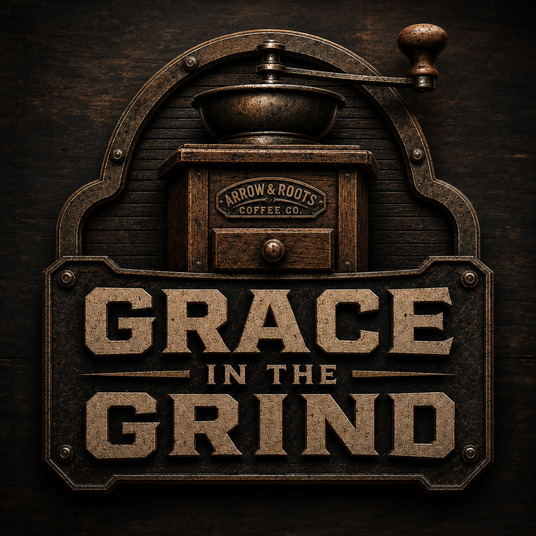 Grace in the Grind podcast cover featuring an antique Arrow and Roots coffee grinder